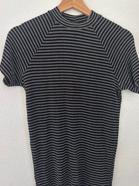 Y2K Y.M.L.A. black and gray striped mock neck top